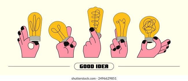 Set of different light bulbs in hands. Vector illustration concept of creative idea, innovation, insight in retro linear style.