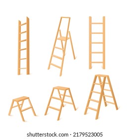 Set of different light wooden ladder households flat style, vector illustration isolated on white background. Tools for construction and repair using. Design elements collection