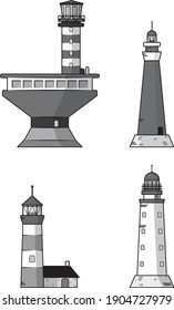 Set of different lighthouse. Colorful vector illustration collection in lineart style on gray background.
