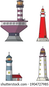 Set of different lighthouse. Colorful vector illustration collection in lineart style on gray background.
