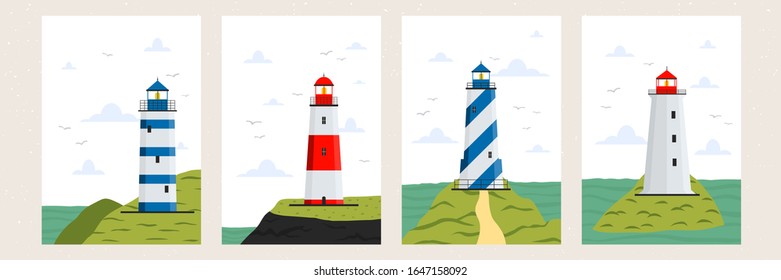 set of different lighthouses scenes with clouds and birds. Vector lighthouses scene illustrations