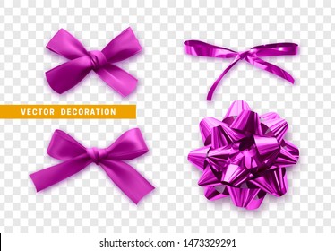 Set of different lilac bows made of fabric and foil. Realistic 3d decorative elements for design. Collection Festive bows from ribbon are suitable for gift, surprises. vector illustration