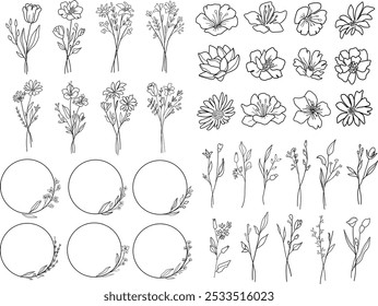 Set of different line art flower bouquets, frames,flowers. Hand drawn botanical vector set. Trendy floral wildflowers, leaves set.