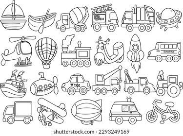 Set of different line art vehicles 