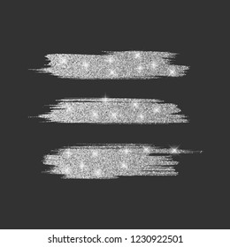 Set of different line brushes. Glitter brush collection with silver shining texture, vector illustration