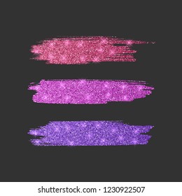 Set of different line brushes. Glitter brush collection of red, pink and purple colors, vector illustration