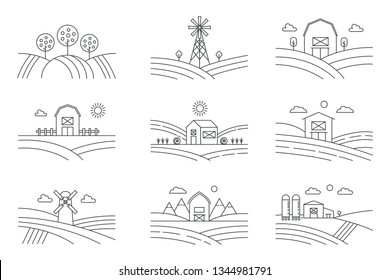 Set of different line eco farm landscapes isolated on white background. Rural landscape with windmill, silage tower, trees. Linear style vector illustration.