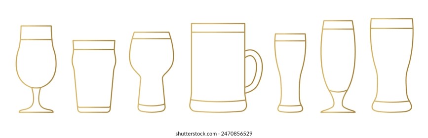 set of different line golden beer glasses-  vector illustration