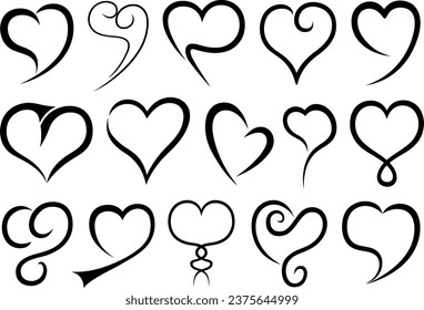Set of different line hearts isolated on white