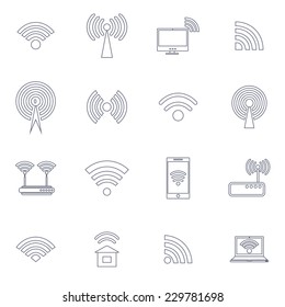 Set of different line vector wireless and wifi icons for remote access and communication via radio waves. Vector illustration.