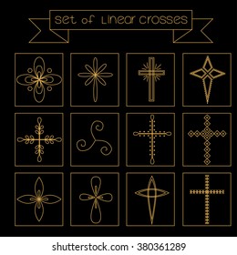 Set of different linear decorative Christian crosses in a gold color on black background.