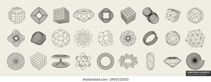 Set of different linear form. Elements consisting of a grid and dots. Collection of lowpoly 3D polygonal shapes.