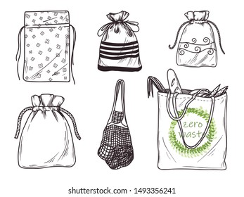 Set of different linen bags, packages. Zero waste. Vector illustration