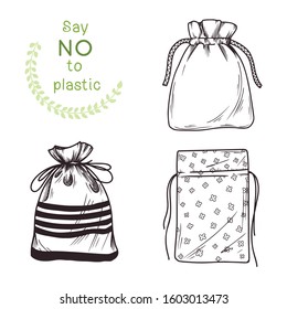 Set of different linen bags, packages. Zero waste. Vector illustration