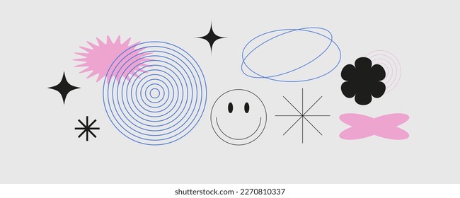 Set with different lines shapes.Trendy geometric brutalism forms, memphis elements. Simple shapes forms, symbols and frames y2k style.