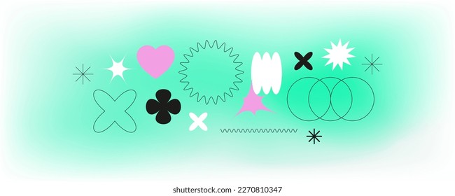 Set with different lines shapes.Trendy geometric brutalism forms, memphis elements. Simple shapes forms, symbols and frames y2k style.