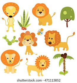 Set of different lions on white background.