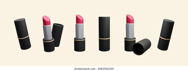 Set of different lipstick beauty makeup products 3D vector illustration. Decorative cosmetic red lip stick gloss in a black lipstick case in different shapes 3D vector render icon set. Beauty fashion.