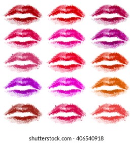 Set of different lipstick. Design elements of shape of lips in several variants and colors in polygonal style isolated on white. Vector illustration