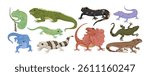 Set of different lizards. Colorful stickers with different reptiles. Gecko, chameleon, salamander, monitor lizard and iguana. Wild animals. Flat vector illustration collection isolated on background