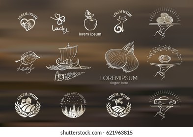 Set of different logo icons on a blurred background. Eps-10 vector.