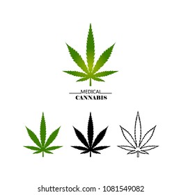 Set different logo marijuana leaves isolated on white background. Medical cannabis green, black and thin line leaf - vector flat illustration