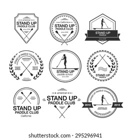 Set of different logo templates for stand up paddling. Athletic labels and badges made in vector. Flat design style illustration of icons. Template for postcard, personal card or print.