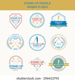 Set of different logo templates for stand up paddling. Athletic labels and badges made in vector. Vector flat design style illustration of icons. Template for postcard, personal card or print.