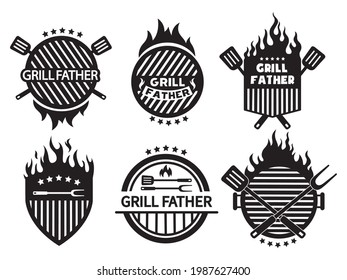 Set of different logos of the grill master. Collection of the shield emblem on fire with barbecue accessories paw, lard, tongs. Black and white vector illustration for food establishments. Chef logo.