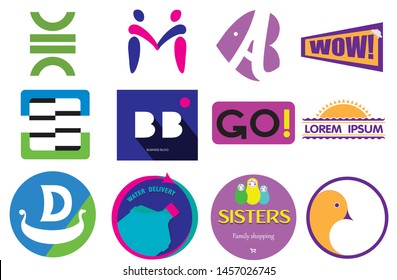 Set of different logos in various shapes and colors: green, blue, lilac, pink, orange.