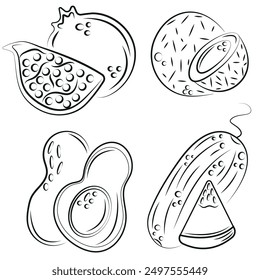 set of different logos of whole fruits and pieces of fruits in abstract style namely coconut, avocado, watermelon and melon drawn in black outline, vector