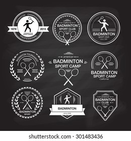Set of different logotype templates for badminton. Vector flat design style illustration of icons for postcard, personal card or print. Badminton symbols including racket, silhouette of a man serving
