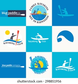 Set of different logotype templates for kayaking. Vector athletic labels and badges. Vector flat design style illustration of icons. Template for postcard, personal card or print.