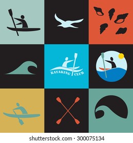 Set of different logotype templates for kayaking. Vector athletic labels and badges. Flat design style illustration of icons. Template for postcard, personal card or print.