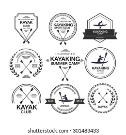 Set of different logotype templates for kayaking. Vector athletic silhouette labels and badges. Vector flat design style illustration of icons. Template for postcard, personal card or print.