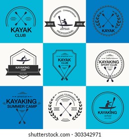Set of different logotype templates for kayaking. Vector athletic silhouette labels and badges. Vector flat design style illustration of icons. Template for postcard, personal card or print.