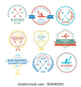 Set of different logotype templates for kayaking. Athletic silhouette labels and badges. Vector flat design style illustration of icons. Template for postcard, personal card or print.