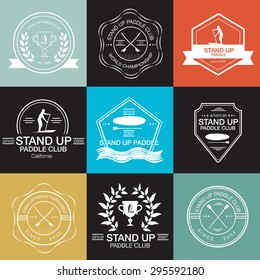 Set of different logotype templates for stand up paddling. Athletic labels and badges. Vector flat design style illustration of icons. Template for postcard, personal card or print.