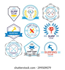 Set of different logotype templates for surfing. Vector athletic labels and badges. Vector flat design style illustration of icons. Template for postcard, personal card or print.