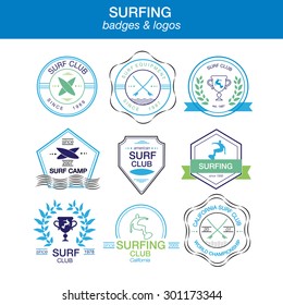 Set of different logotype templates for surfing. Vector athletic labels and badges. Vector flat design style illustration of icons. Template for postcard, personal card or print.
