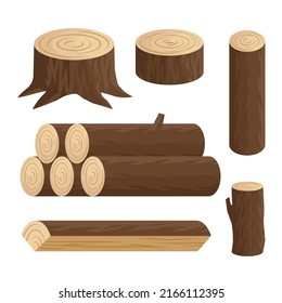 Set of different logs in cartoon vector style. Firewood collection. Bricks and stump. Wooden bricks isolated on white background. 