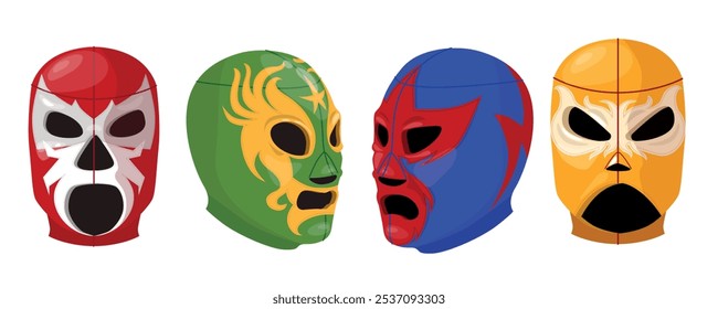 Conjunto de diferentes máscaras lucha libre no estilo de desenho animado. Ilustração vetorial de máscaras coloridas mexicanas lucha libre wrestling com padrões isolados no fundo branco. Luta profissional mexicana.