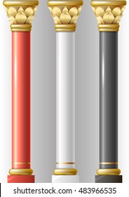 Set of different luxury pillars red, black, white in oriental-style with gold and enamel. Columns of a Buddhist temple or eastern palace, mosque. Vector graphics