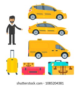 Set of different machine yellow cab, truck with driver and baggage isolated on white background.  Flat vector illustration.