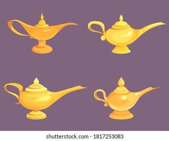 Set of different magic lamps. Antique objects in cartoon style.