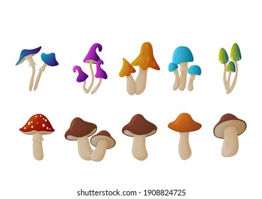 Set of different magic and simple mushrooms. Forest mushrooms isolated on white. Illustration of fantacy vector mushrooms.