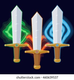 Set of different magic swords. Earth, fire, air element stones in it. Vector gui assets collection for game design.