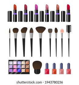 set of different makeup brushes, lipsticks, nail polishes, eye shadows isolated on a white Makeup artist's kit. Vector illustration in a flat cartoon style. Collection of products for women's makeup.