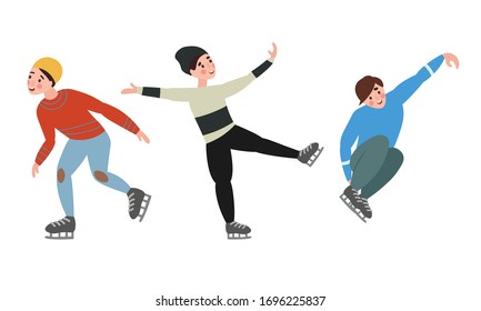 Set of different male characters figure skating in different action poses. Vector illustration in a flat cartoon style.