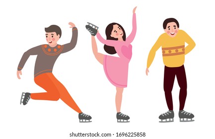 Set of different male and female characters figure skating in different action poses. Vector illustration in a flat cartoon style.